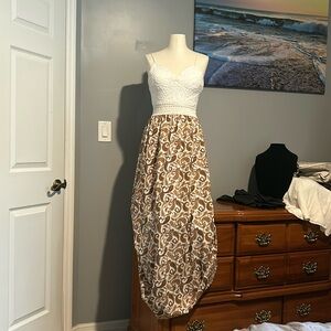 Paisley print bottom- white lace top- dress- floor length- casual